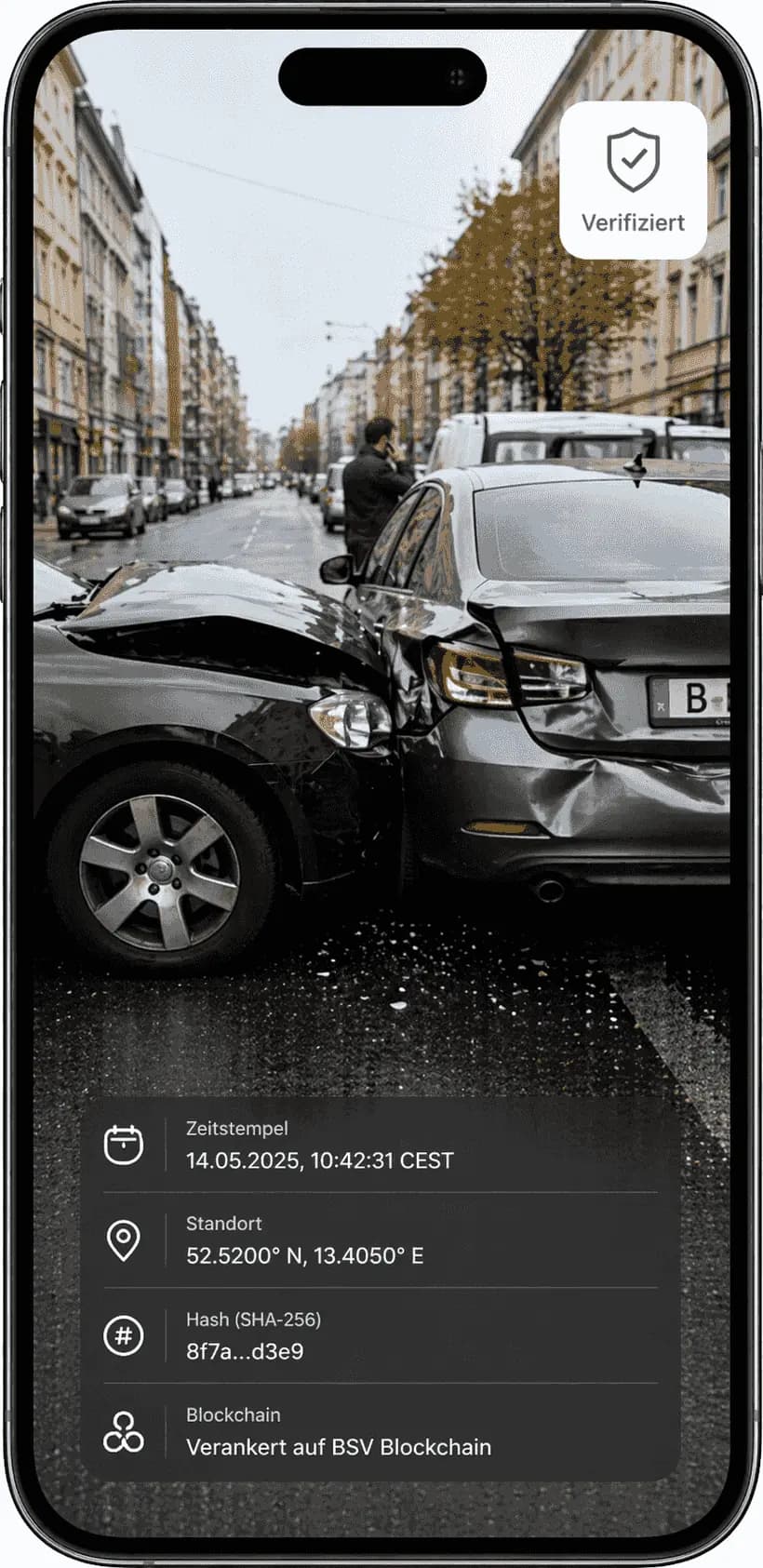 ALIBI Demo: verifiziertes Unfallfoto mit Zeitstempel, GPS, digitalem Fingerabdruck und BSV-Blockchain-Anker
